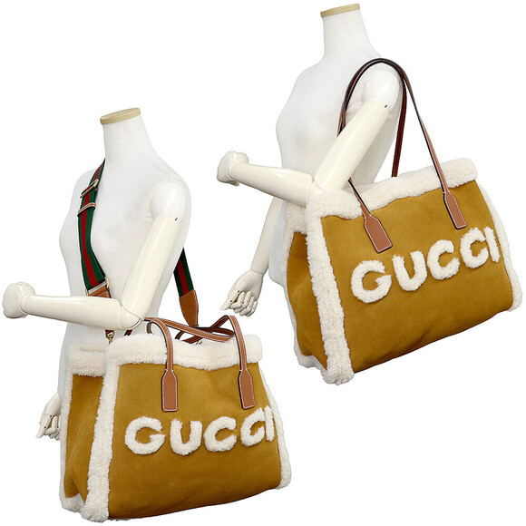 Gucci Tote Shoulder Bag Crossbody Suede Leather Shearling Brown - Picture 8 of 9